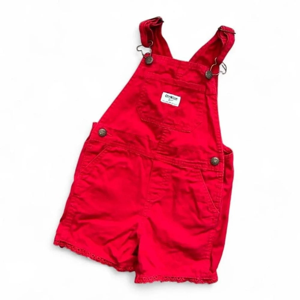 Oshkosh B'Gosh Girls Red Short Overalls w/ Eyelet Lace Trim Size 4T